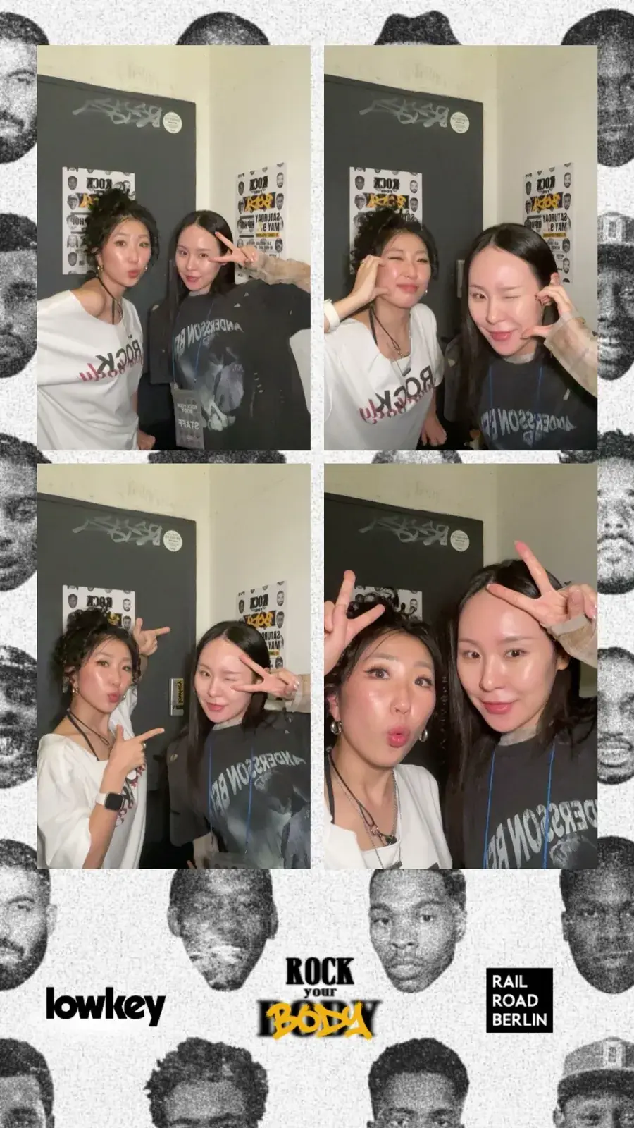 A finished four-photo strip from the Hongdae RYB party in a black-and-white face-pattern frame with logos at the bottom