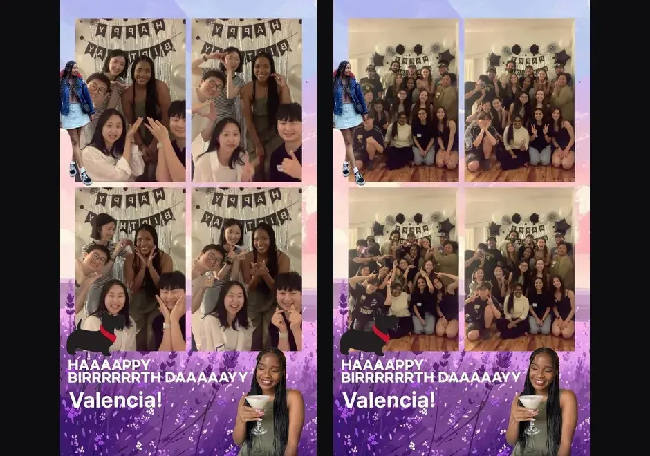 Two four-cut strips from a birthday party in the US, purple frame with birthday text and the guest of honor's name, guests posing in the shots