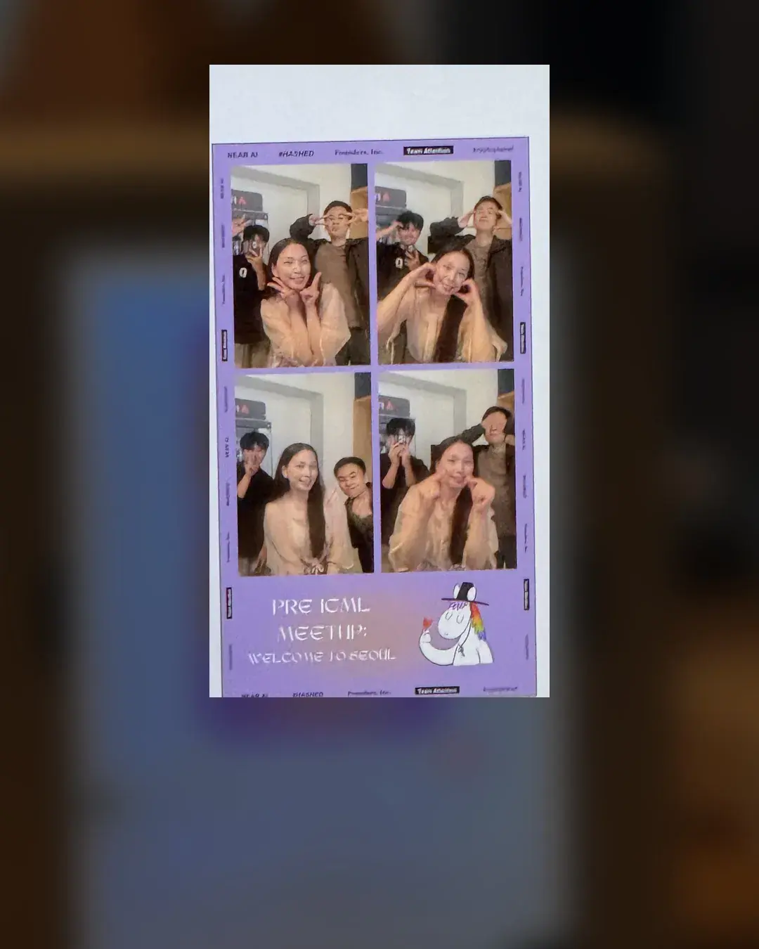 Purple four-cut strip made for the PRE-ICML MEETUP in San Francisco, four people posing with hearts and peace signs, event name and sponsor logos at the bottom