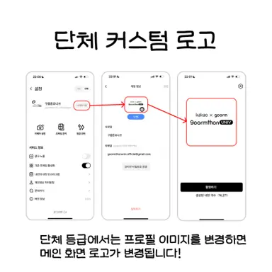 Three screens of the my4cut app showing group mode in Settings, the profile image change and the new group logo on the home screen